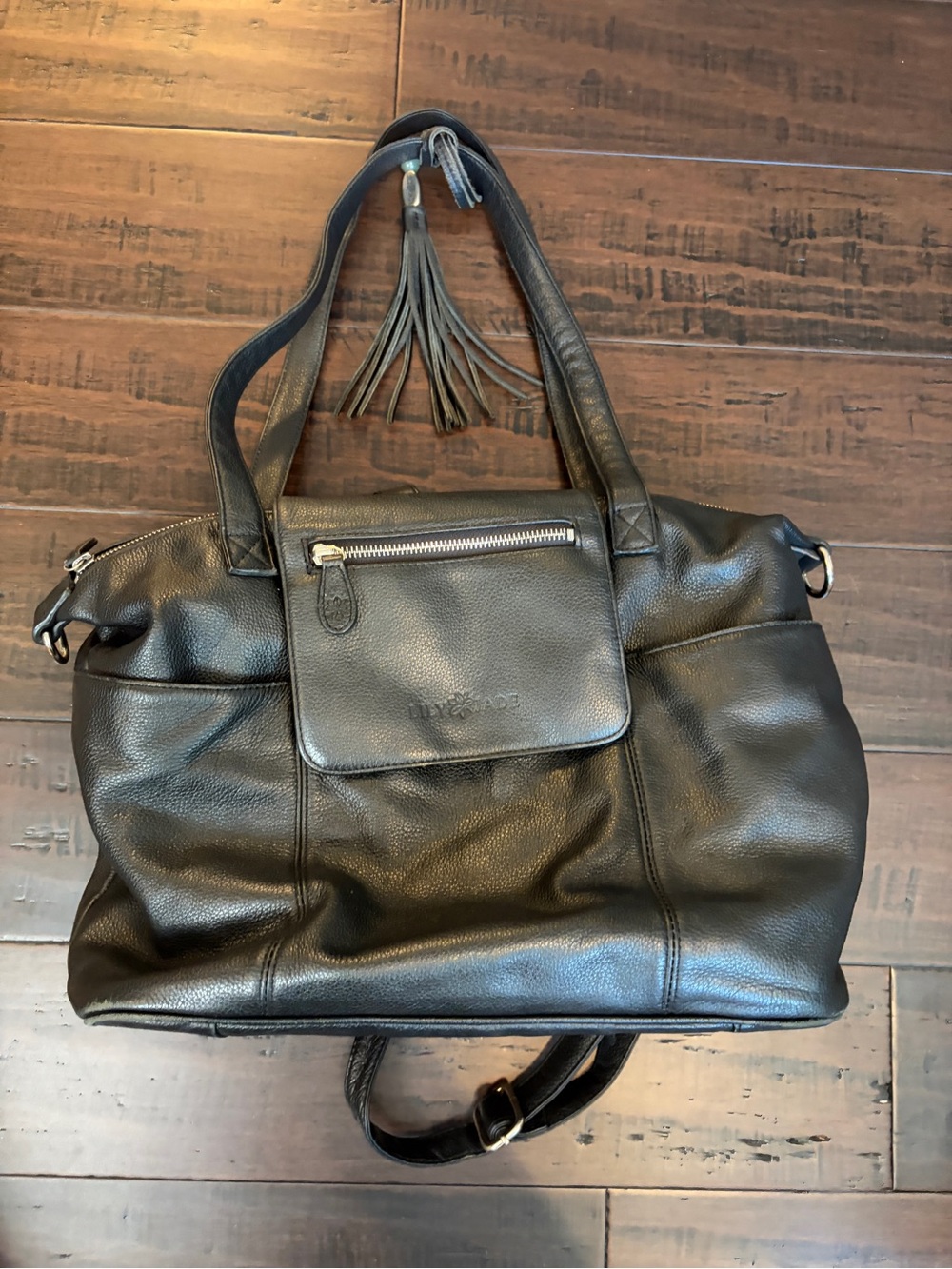 Lily Jade backpack Black Leather Tote with Front Flap Pocket and Tassel luxury - Picture 2 of 10